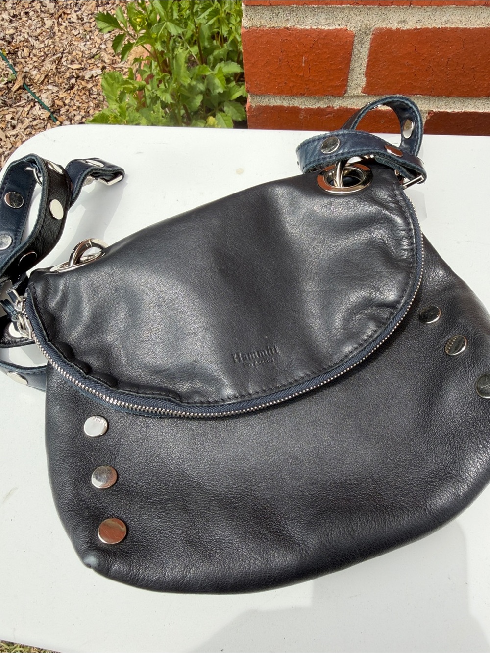 Hammitt Navy or Black reversible Leather Shoulder Bag with Silver Grommets - Picture 6 of 6